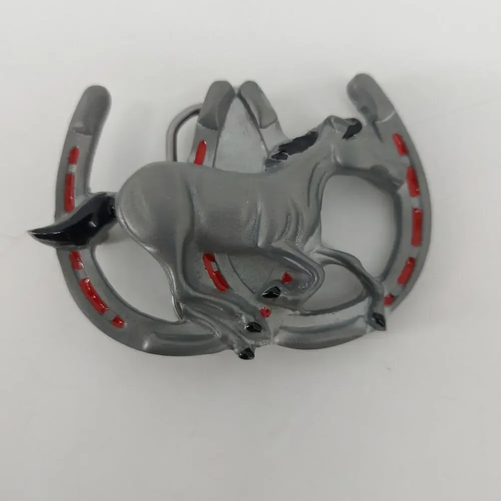 Horse Shoe Good Lucky Belt Buckle Red Enamel 1992 Red Enamel